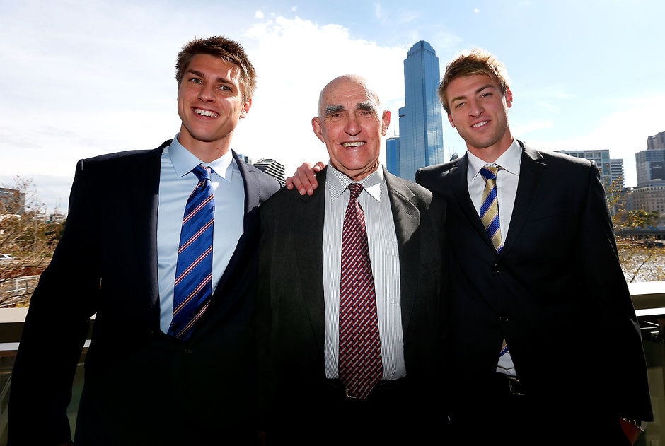 AFL 2013 Media - NAB AFL Rising Star Award Daniel Talia of the Adelaide Crows and Michael Talia of the Western Bulldogs pose with their grandfather prior to the 2013 NAB AFL Rising Star Award at the Crown Palladium, Melbourne on September 04, 2013. (Photo: Michael Willson/AFL Media)